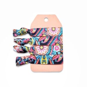 4-Pack Paisley Print No Crease FOE Aqua Pink Boho Mandala Floral Hair Tie Set